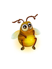 A whimsical illustration of a cute, cartoon firefly with large eyes, sitting on a soft glow, featuring detailed antennae and translucent wings.