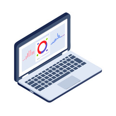 Professional isometric laptop with data analytics display on transparent background