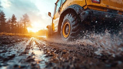 Mud-caked tractor on a dirt road at sunset