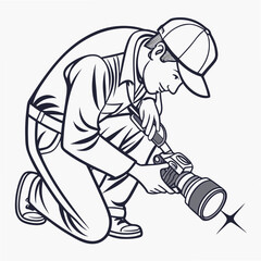 Professional photographer kneeling with camera, clean cutout, transparent background