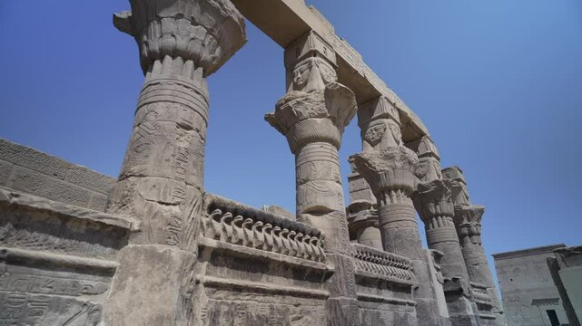 View of tourists at Philae Temple on a sunny day, Philae Temple, Aswan, Egypt, Africa