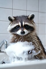 Raccoon enjoys a bubbly bath in a cozy bathroom setting during a sunny afternoon