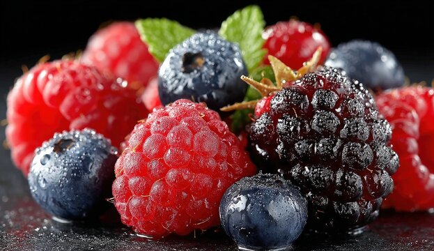 Fresh assorted berries with water droplets on a dark surface.