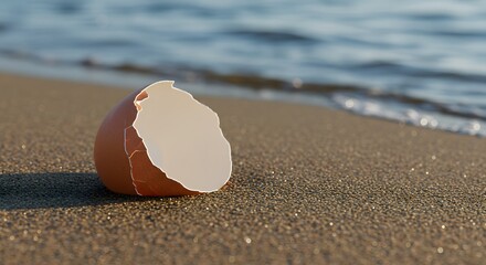 A cracked eggshell half-buried in damp sand