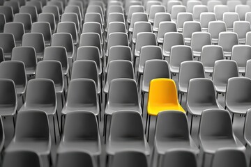 Fototapeta premium A vibrant yellow chair stands out among rows of gray seating in a minimalist setting