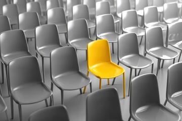 Fototapeta premium Bright yellow chair stands out among a sea of gray chairs in a modern indoor space