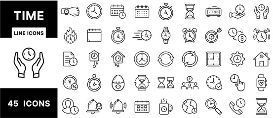 Time and Clock Line Icons Set &ndash; Calendars, Stopwatches, Alarms, Timers, Watches, Hourglasses, Reminders, and Time Management Symbols for Scheduling Design