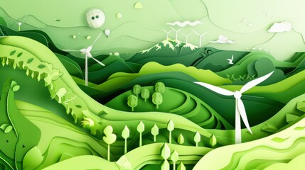 Sustainable Energy Landscape with Wind Turbines and Green Hills