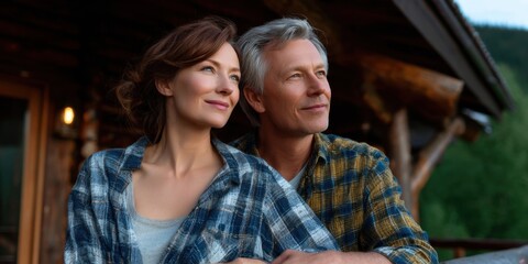 Retired couple watching sunrise in mountain cabin, cozy outfits, peaceful expressions