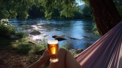 Riverbank moment with beer and hammock, relaxed natural setting, sunny tone