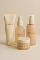 Minimalist Cosmetic Packaging Mockup – Lotion Bottle, Cream Jar, Serum Dropper & Tube for Clean Branding Designs