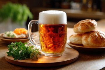 Rustic stein beer served with hearty German food, cozy tavern mood