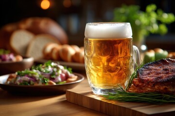 Rustic stein beer served with hearty German food, cozy tavern mood