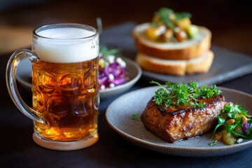 Rustic stein beer served with hearty German food, cozy tavern mood