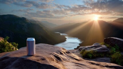 Scenic mountain view with beer can on rock, sunrise light, wild landscape, camping feel