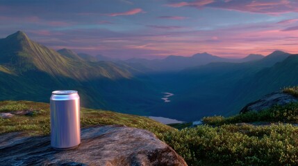 Scenic mountain view with beer can on rock, sunrise light, wild landscape, camping feel