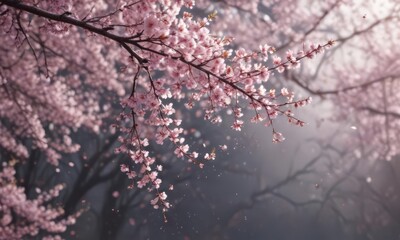Fototapeta premium Softly falling sakura petals, blurred cherry blossoms in the background , light, delicate