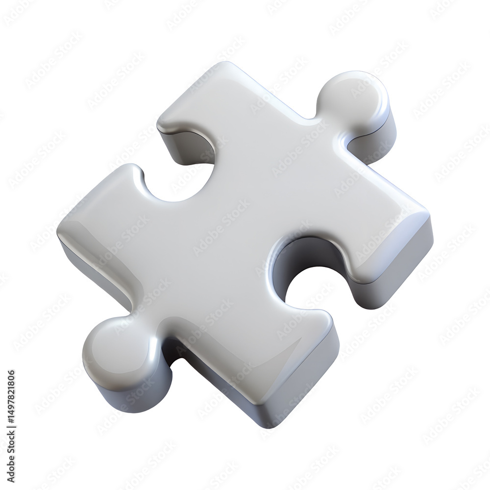 Poster 3d render of a single silver puzzle piece isolated on transparent background