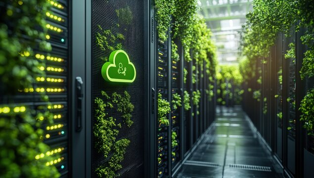 Sustainable server room with lush greenery