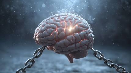 Conceptual depiction of a brain breaking free from chains in a mystical environment