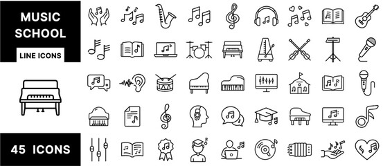Fototapeta premium Music School Line Icons Set – Instruments, Notes, Sheet Music, Students, Headphones, Pianos, Microphones, Awards, and Education Symbols for Learning Platforms
