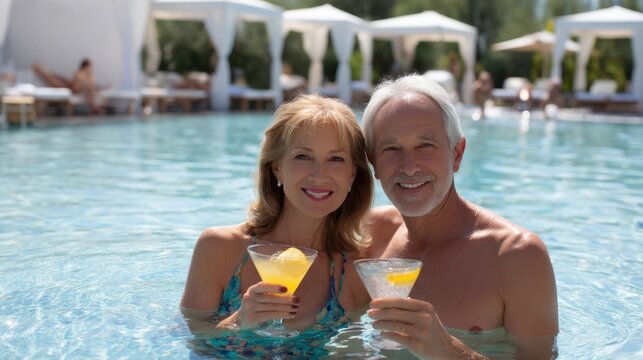 Senior couple enjoying luxury resort pool, drinks in hand, sunny weather