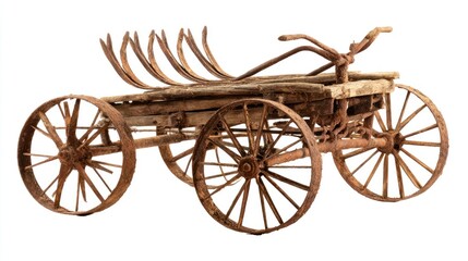 Fototapeta premium Vintage Wooden Agricultural Plow with Rusty Rakes on a White Background for Historical Farming Context