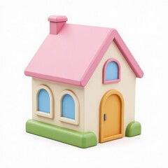 Charming Cartoon House 3D Illustration with Pink Roof and Cute Design, Isolated on White