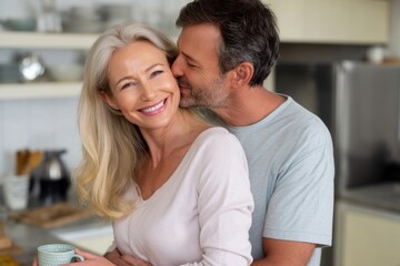Senior couple hugging in kitchen, casual home setting, morning light