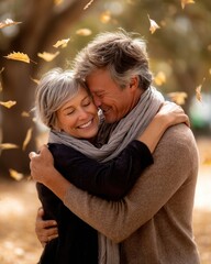 Senior couple hugging in park during fall, leaves falling around, warm tones