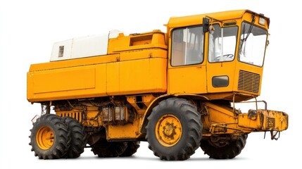 Obraz premium Yellow Agricultural Vehicle with Heavy Tires for Crop Harvesting and Soil Preparation in Field Work Environment