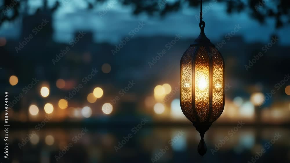 Poster a lantern hangs from a tree branch overlooking calm waters, perfect for peaceful ambiance and outdoo
