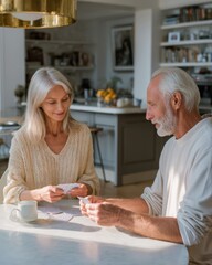 Senior couple playing cards at kitchen table, morning light, casual homewear