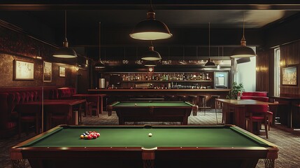 Pool hall billiard room with tables and bar interior for game night and recreation leisure activity hangout spot