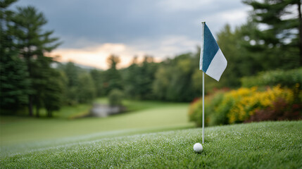 Obraz premium A golf ball rests near the hole on a lush green course with a flag, surrounded by trees and a scenic landscape.