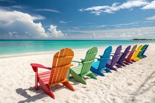 Colorful Beach Chairs on White Sand: Perfect for Travel Blogs, Wallpaper, Vacation Ads, Summer Promotions, and Print Designs