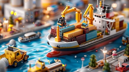 Miniature shipping port with cranes and cargo containers