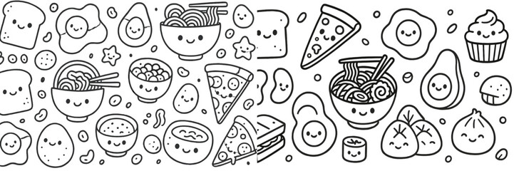Cute food doodles showcasing a variety of meals including pizza, noodles, and desserts in a playful style