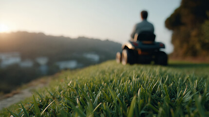 A person rides a lawn mower over freshly cut grass on a sunny hillside, with a scenic, blurred landscape in the background.