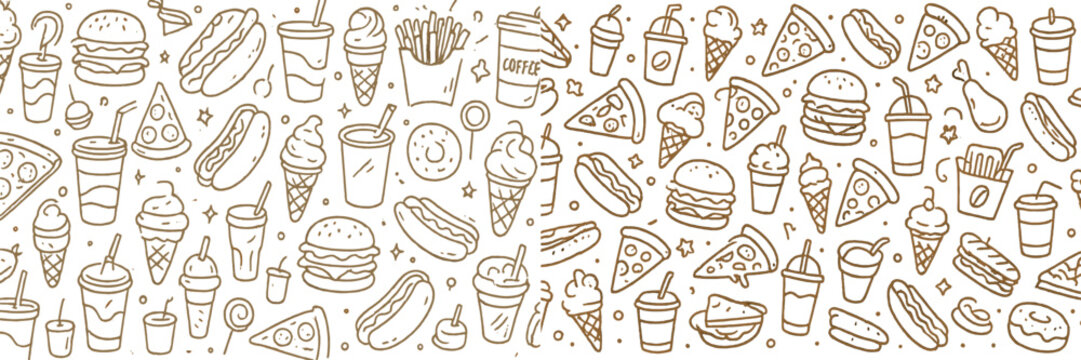 Fun food doodles featuring burgers, ice cream, pizza, and drinks in a whimsical pattern
