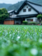 Grassy yard in rain