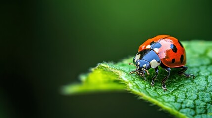 Obraz premium Macro shot of a ladybug on a green leaf, natural light, calming, vivid.