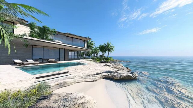 A beautiful beach with a house and palm trees in the background. The house is a large white building with a pool in front of it. The ocean is calm and the sky is clear. Scene is peaceful and relaxing