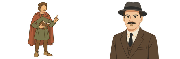 Historical figures discussing knowledge and wisdom in a creative illustration with vivid colors