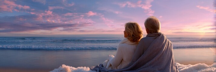 Senior couple watching sunrise over the ocean, wrapped in blanket, peaceful mood