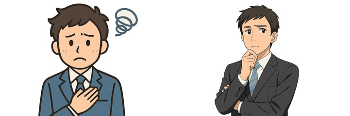 Man depicts conflicting emotions while dressed in formal attire in a professional setting