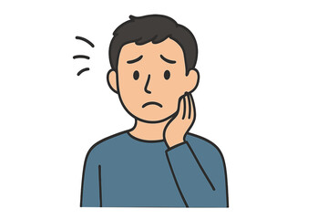 Fototapeta premium Man expresses concern while holding his cheek in a simple illustration focused on emotions and reactions