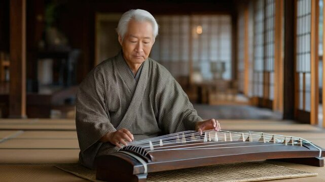 Elderly Asian man playing traditional koto in Japanese room
