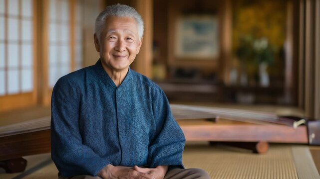 Elderly man playing koto in traditional Japanese room