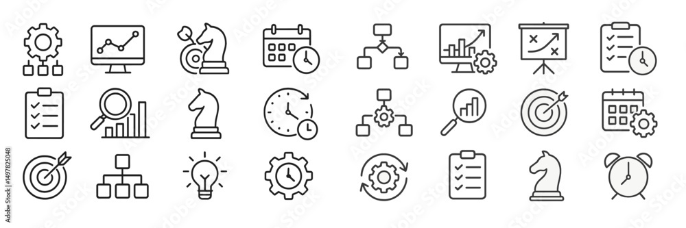 Poster collection of business and planning icons depicting various strategic activities and tools for analy